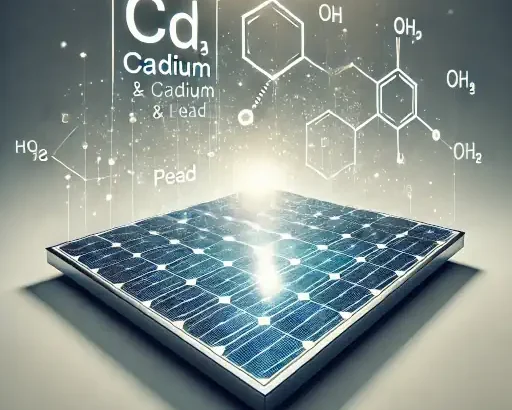 DALL·E 2024 10 11 14.40.43 An image showing a solar panel with superimposed chemical formulas of cadmium Cd and lead Pb above it. The solar panel is set against a clean neu