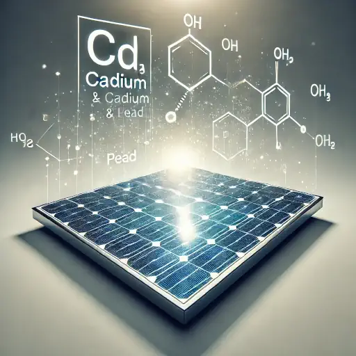 DALL·E 2024 10 11 14.40.43 An image showing a solar panel with superimposed chemical formulas of cadmium Cd and lead Pb above it. The solar panel is set against a clean neu