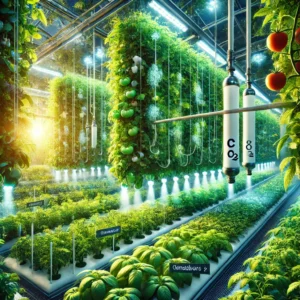 DALL·E 2024 11 27 19.01.12 A vibrant greenhouse showcasing the use of CO2 fertilization. The image features lush green plants like tomatoes and cucumbers growing vigorously und